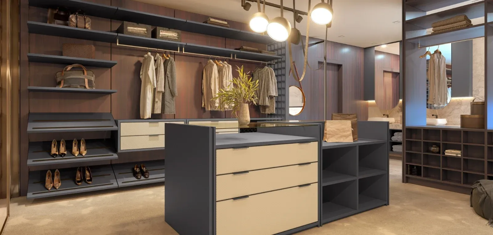 Closet com araras, prateleiras e ilha de gavetas em tom areia