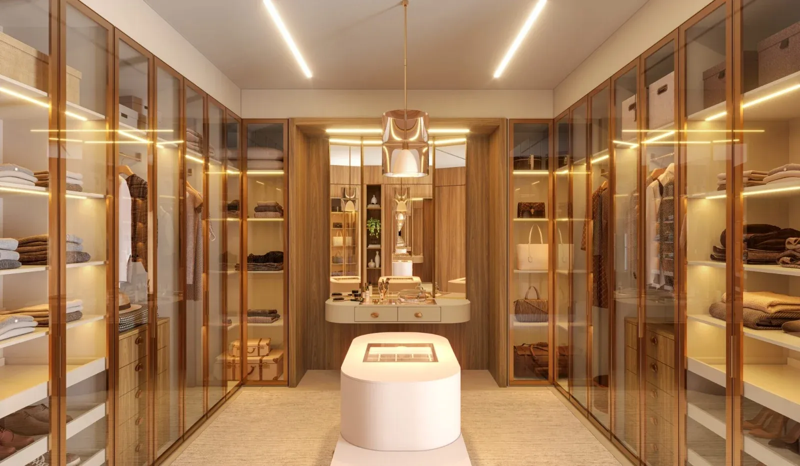 Closet com nichos iluminados, portas de vidro e ilha central estofada