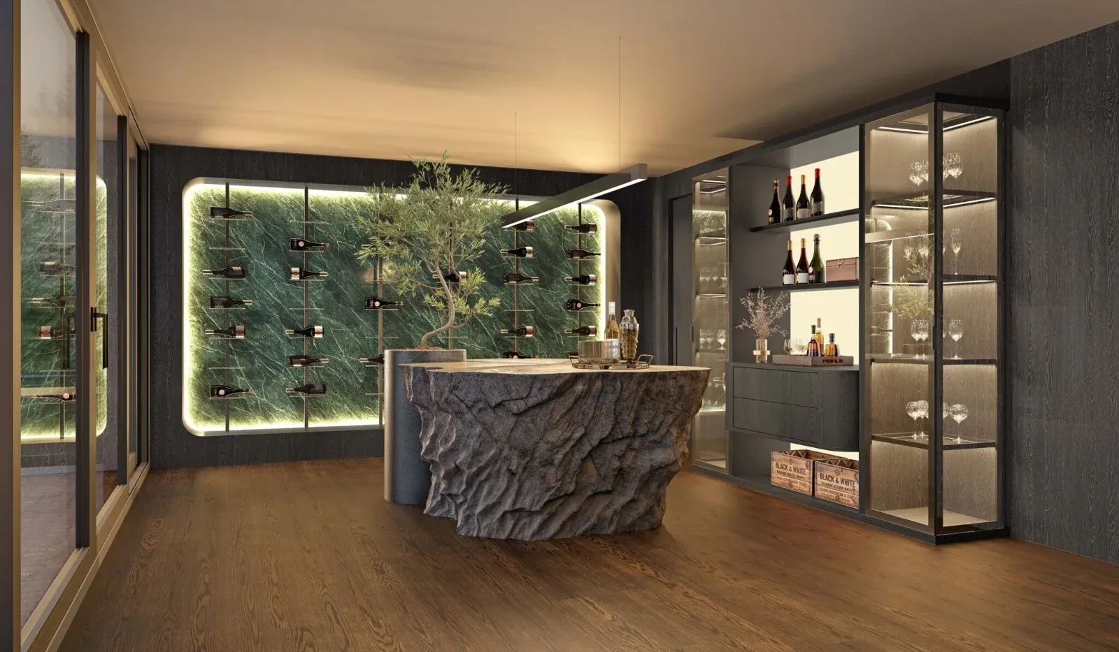 Área gourmet com ilha em pedra esculpida, jardim vertical e adega