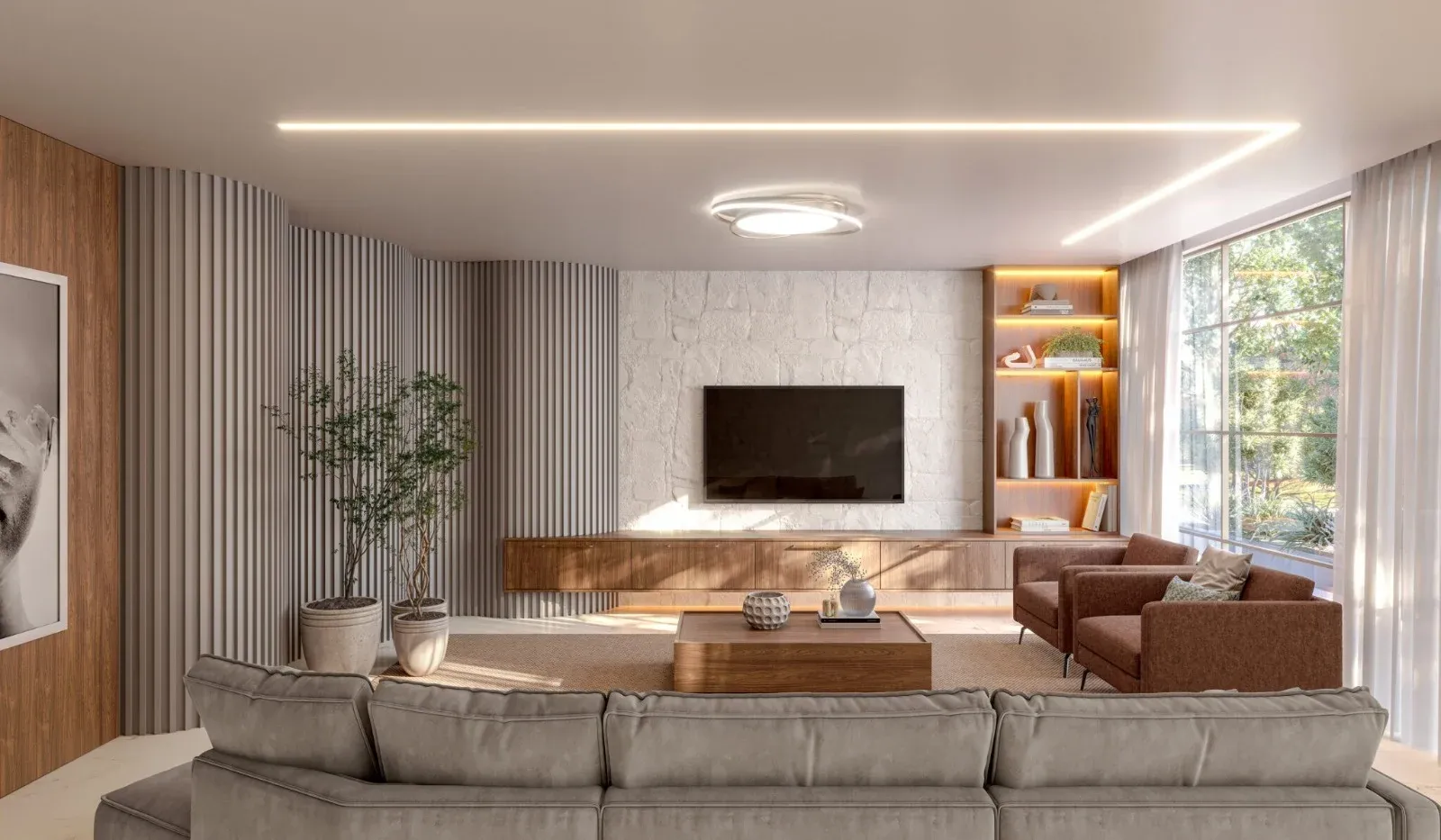Living com painel de TV em pedra, aparador em madeira e estantes